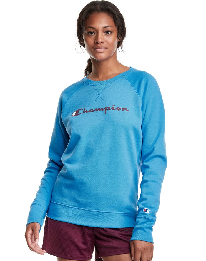 Champion Dame Sweatshirt Blå - Powerblend Fleece Classic Crew Script Logo - Danmark DXR-139867